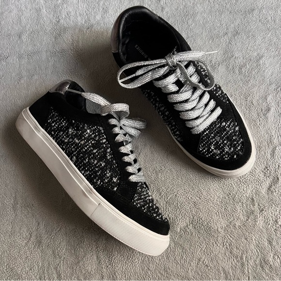 Birdies The Cardinal Lace-Up Sneaker Orbit Boucle Metallic Black Silver Tweed - Picture 1 of 15